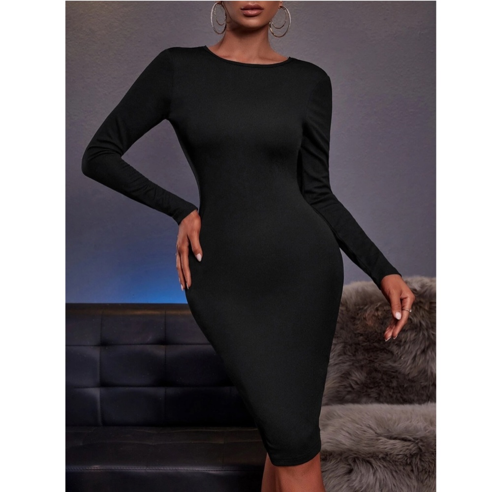 Black Sexy V-Cut Back Long Sleeve Slim Midi Dress Backless - Picture 2 of 9